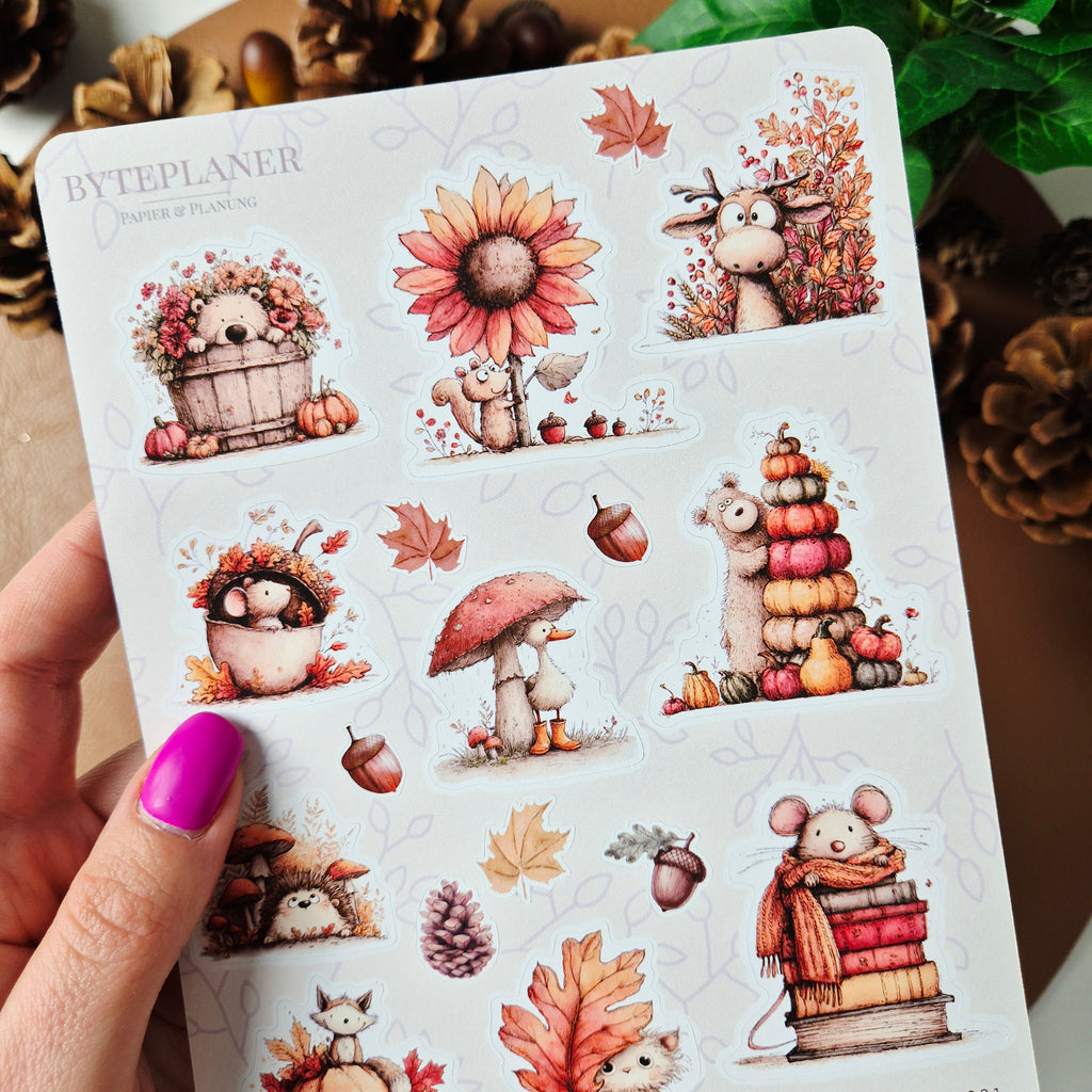 Herbst Sticker Set – niedliche Waldtiere, Kürbisse und Blätter, 2 Stickerbögen für Planer & Bullet Journal