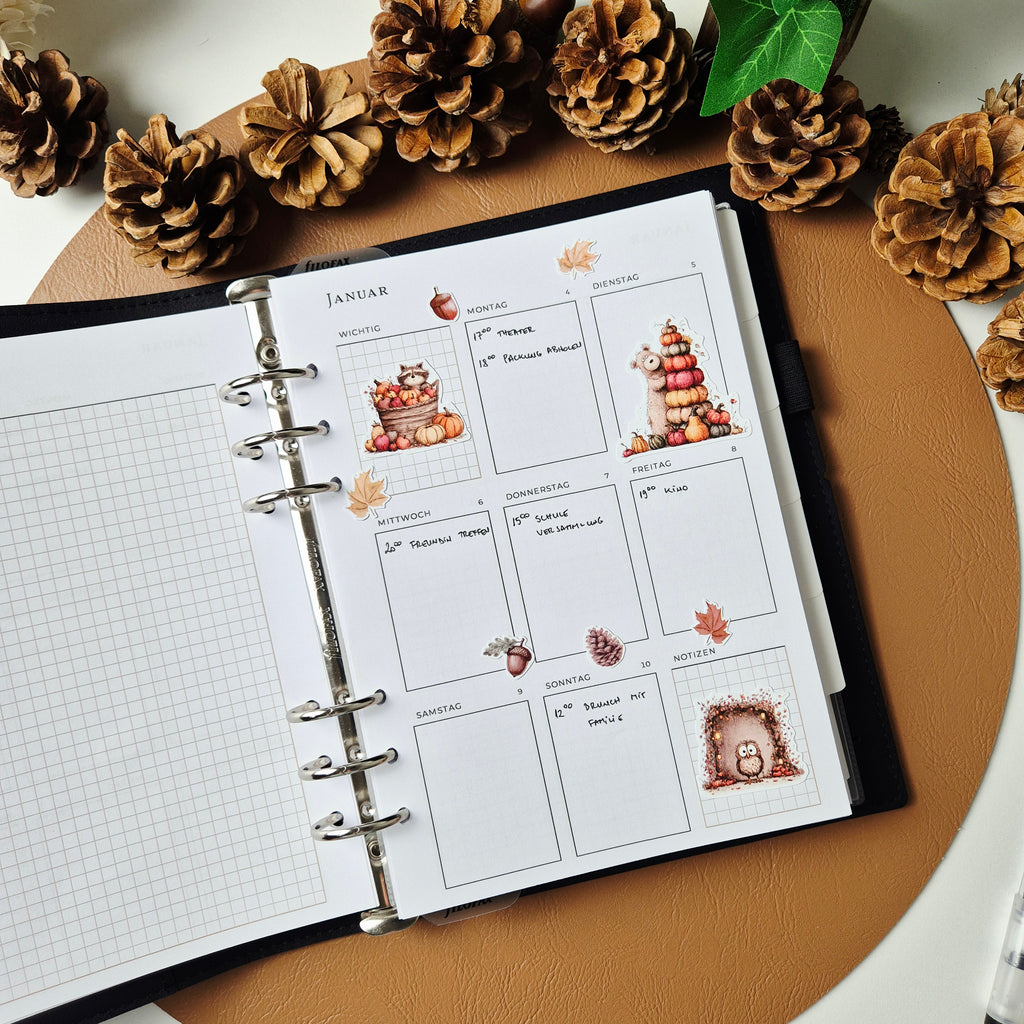 Herbst Sticker Set – niedliche Waldtiere, Kürbisse und Blätter, 2 Stickerbögen für Planer & Bullet Journal