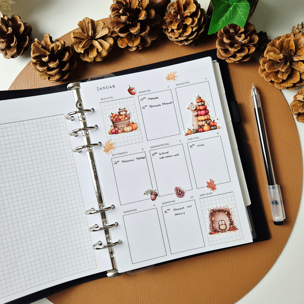 Herbst Sticker Set – niedliche Waldtiere, Kürbisse und Blätter, 2 Stickerbögen für Planer & Bullet Journal