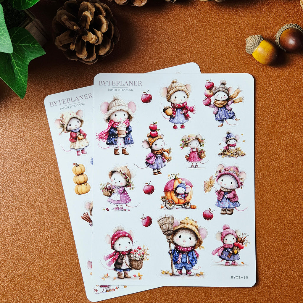 Herbstmäuse Sticker-Set – 2 Stickerbögen im Aquarell-Look für Planer, Bullet Journal & Scrapbooking