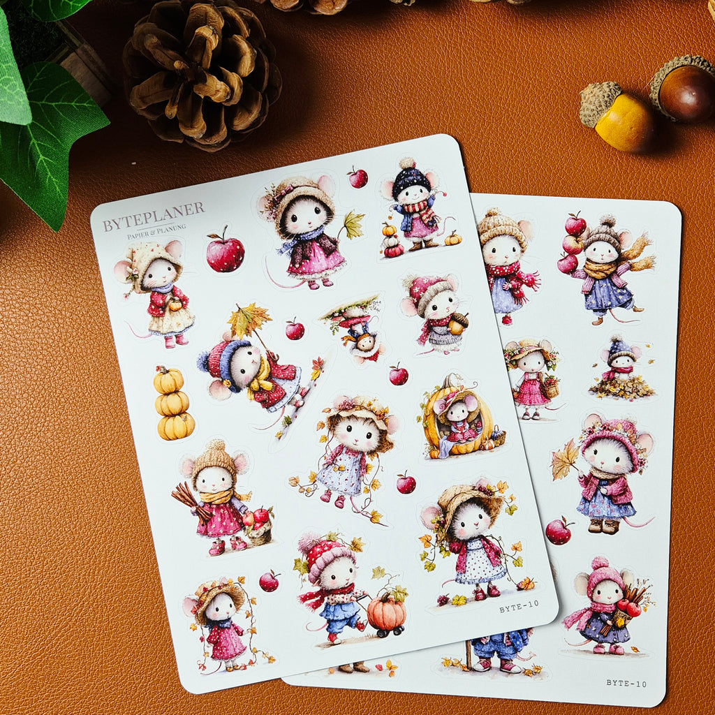 Herbstmäuse Sticker-Set – 2 Stickerbögen im Aquarell-Look für Planer, Bullet Journal & Scrapbooking