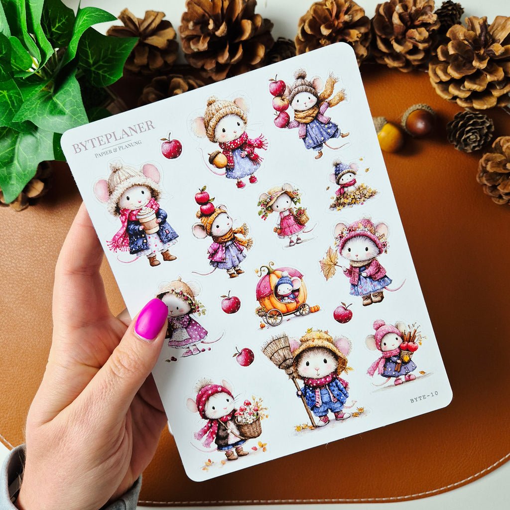 Herbstmäuse Sticker-Set – 2 Stickerbögen im Aquarell-Look für Planer, Bullet Journal & Scrapbooking