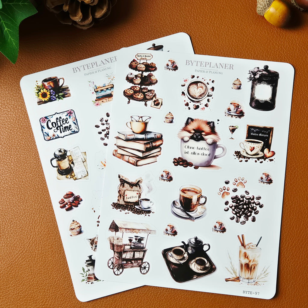 Kaffee Sticker Set – 2 Stickerbögen für Planer, Bullet Journal & Scrapbooking