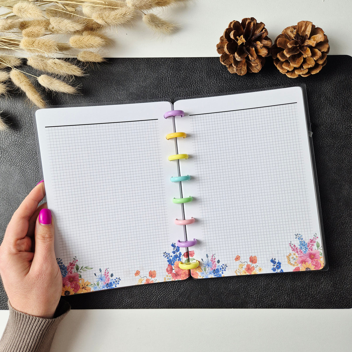 A5 Discbound Notizbuch mit Blumenmuster – handgemacht & flexibel