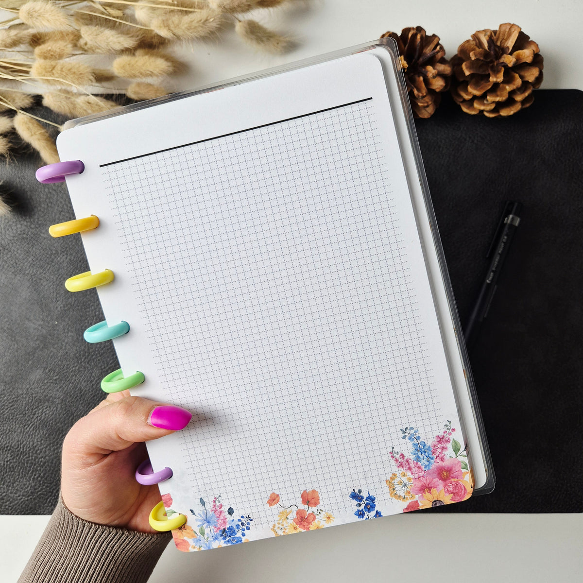 A5 Discbound Notizbuch mit Blumenmuster – handgemacht & flexibel