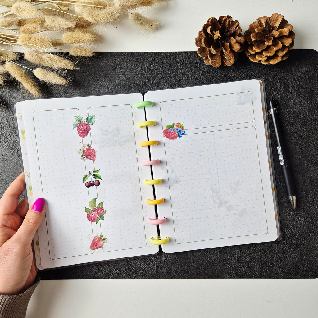 A5 Discbound Bullet Journal mit Beeren und Gartenzwergen