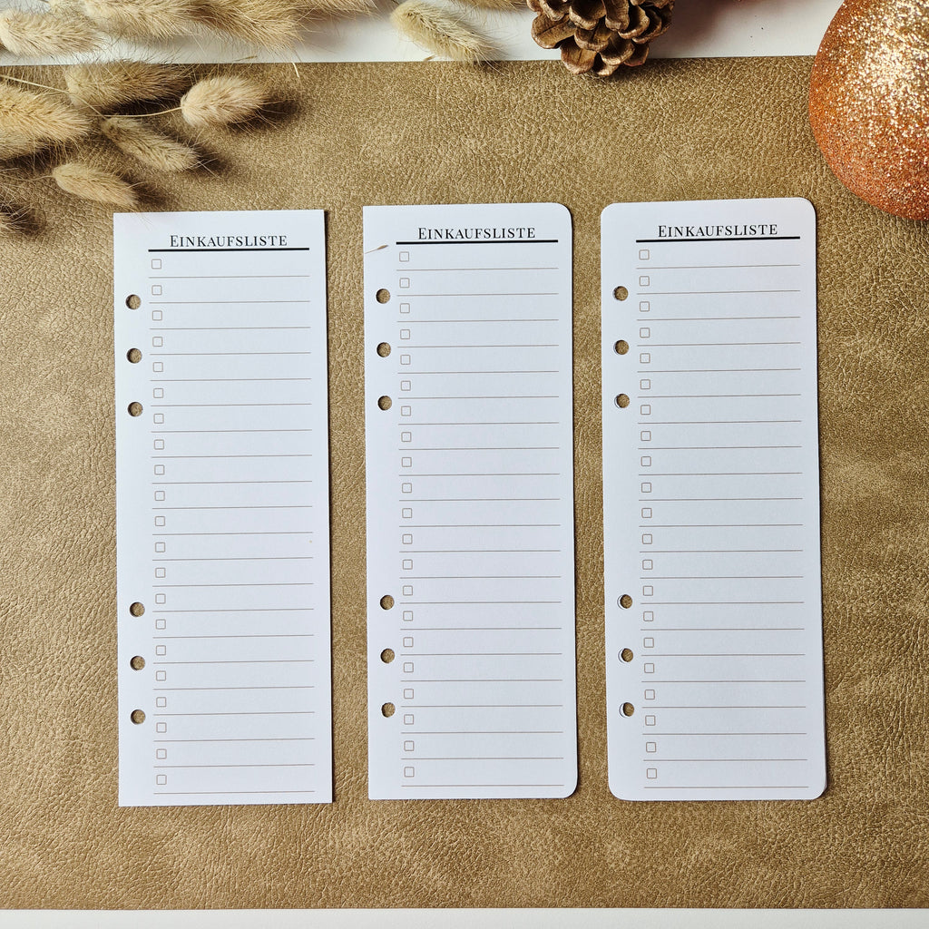 Einkaufsliste A5 Halb – schmale Planereinlagen, minimalistisches Listenlayout