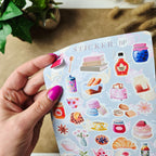 Stickerbogen Frühstück & Tee – Gebäck, Blumen und Bücher in Pastell