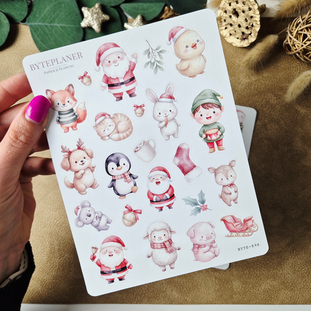 Weihnachtssticker im Aquarellstil – 2 Bögen mit Tiermotiven und Weihnachtsmännern