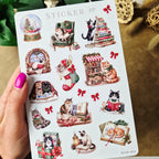 Weihnachtssticker mit Katzen und Büchern – Vintage-Stickerbogen für Journals
