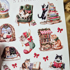 Weihnachtssticker mit Katzen und Büchern – Vintage-Stickerbogen für Journals