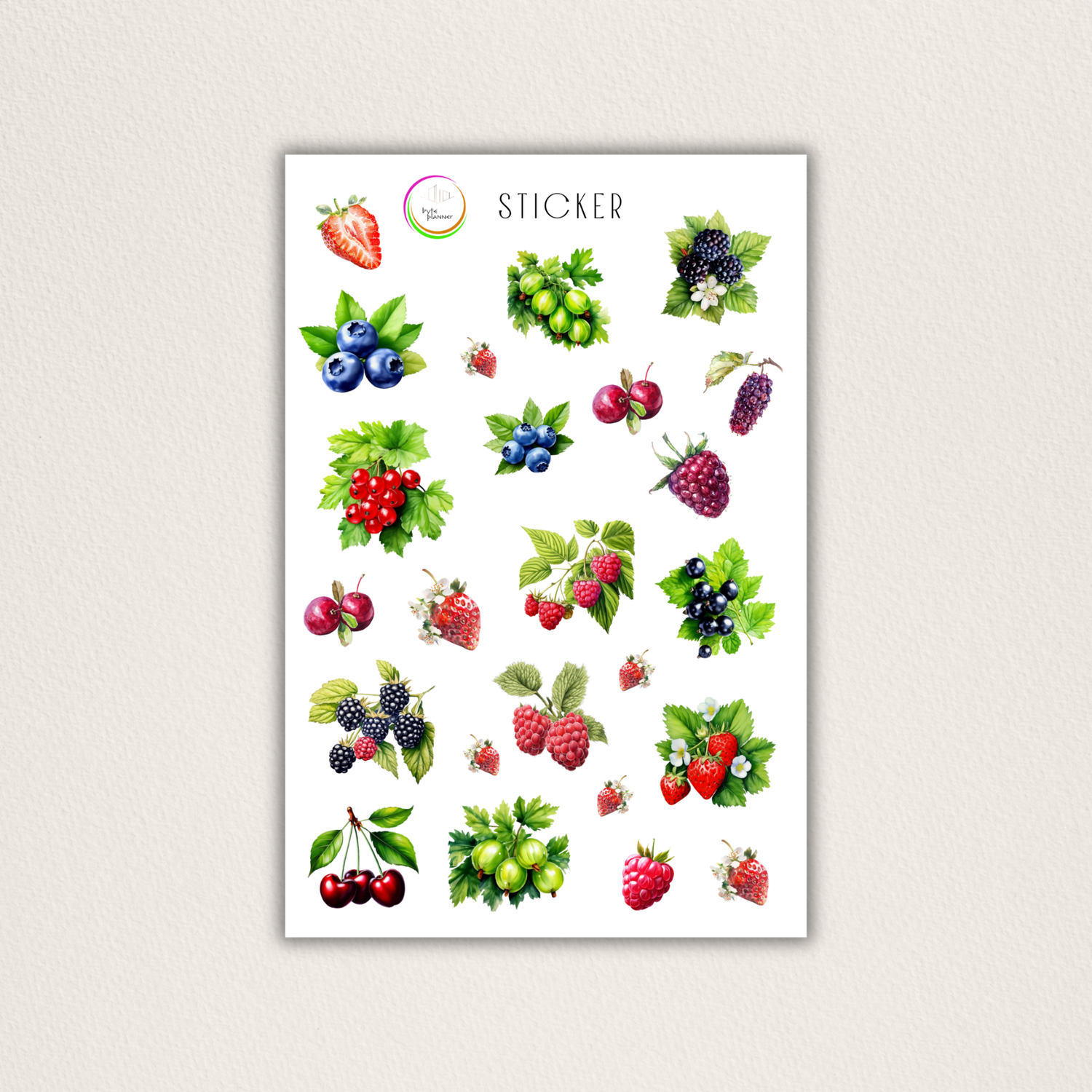 Aquarell-Stickerbogen mit Beerenmotiven – für Planer, Bullet Journal & Scrapbooking