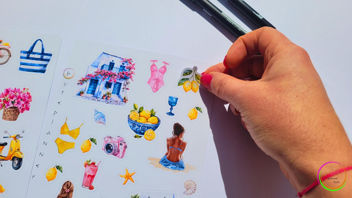 Mediterrane Sommer Stickerbögen – Aquarellmotive Strand, Zitrus, Vespa & mehr – Planer DIY Deko – Transparent | Weiß