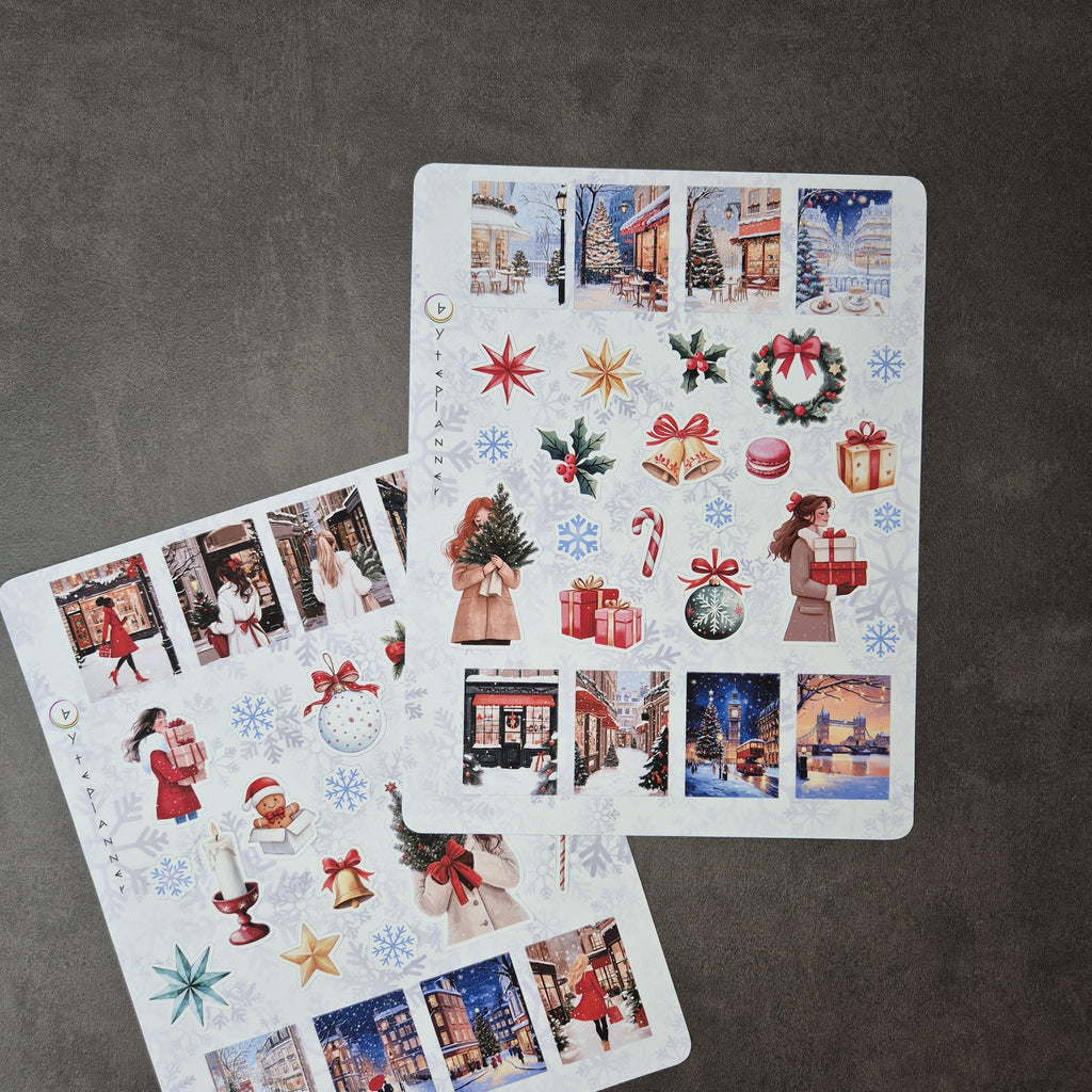 Winterliche Weihnachtssticker Set | Festliche Aufkleber für Planer, Bullet Journal | Schneeflocken, Cafés, Geschenke