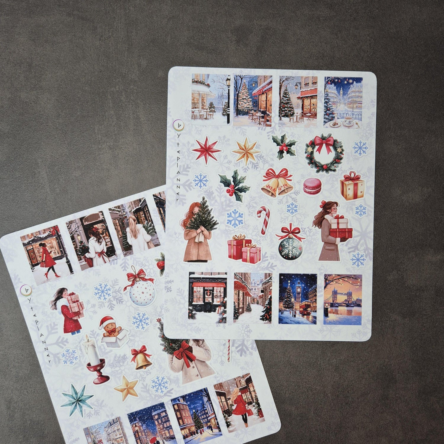 Winterliche Weihnachtssticker Set | Festliche Aufkleber für Planer, Bullet Journal | Schneeflocken, Cafés, Geschenke