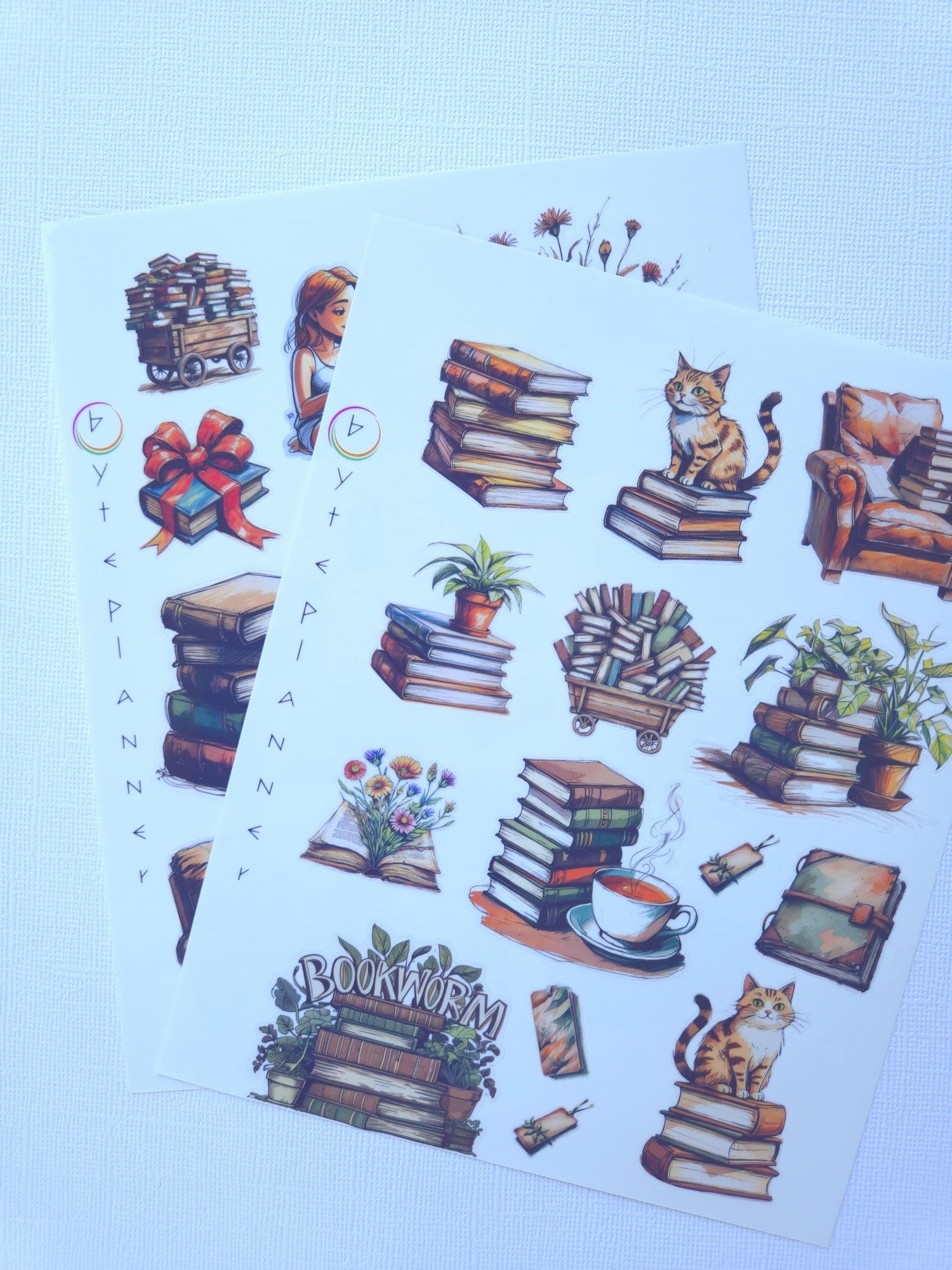 Book Lover Sticker Set: Cat with Books, Journaling Stickers