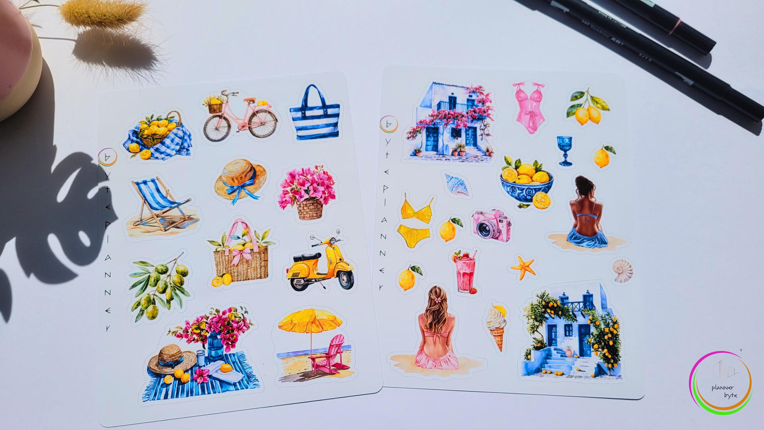 Mediterrane Sommer Stickerbögen – Aquarellmotive Strand, Zitrus, Vespa & mehr – Planer DIY Deko – Transparent | Weiß