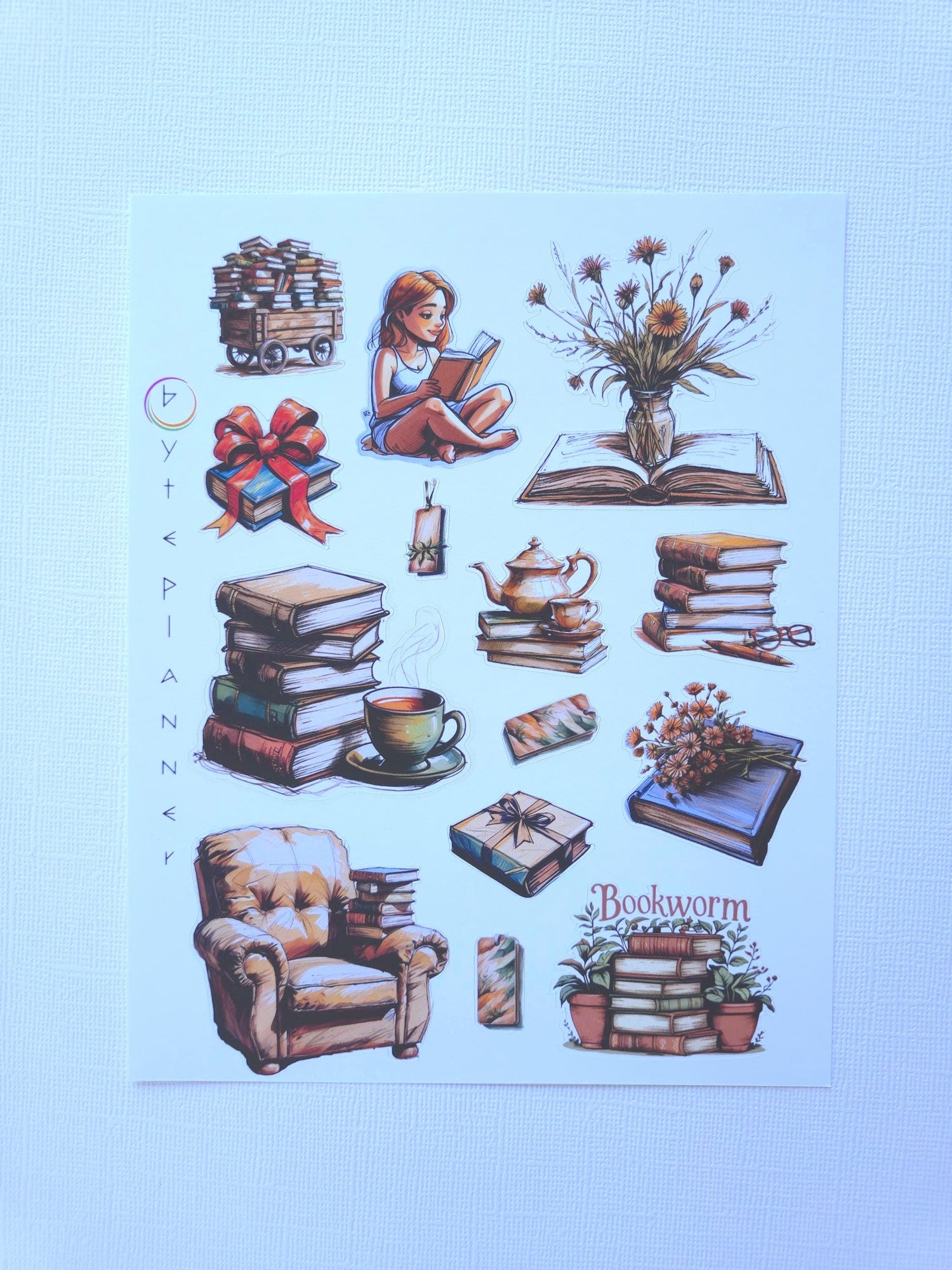 Book Lover Sticker Set: Cat with Books, Journaling Stickers