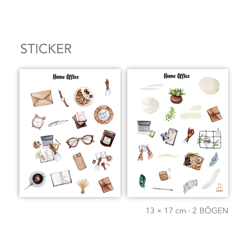 Minimalistische Home Office Sticker mit ästhetischen Aquarell-Illustrationen, ideal für Journaling & kreative Organisation