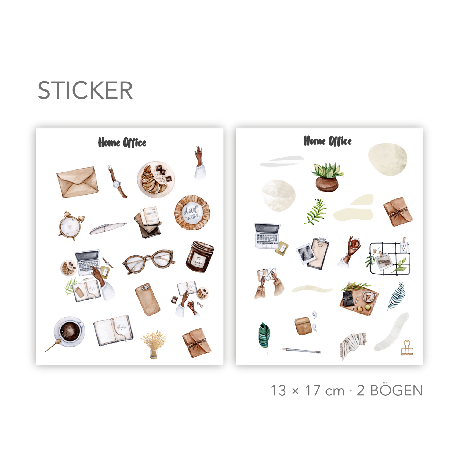 Minimalistische Home Office Sticker mit ästhetischen Aquarell-Illustrationen, ideal für Journaling & kreative Organisation