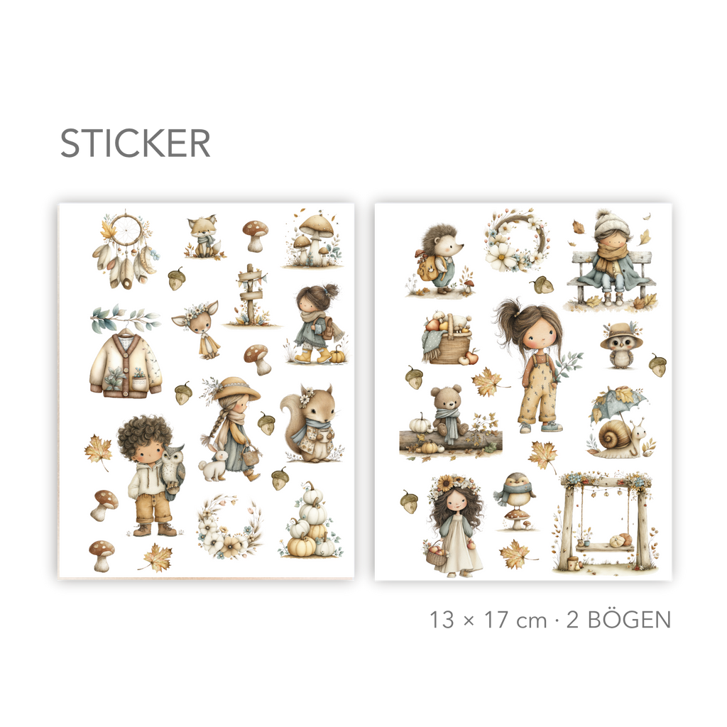 Herbst Sticker Set - Niedliche Waldtiere für Bullet Journal, Planer & Scrapbooking - 2 Bögen