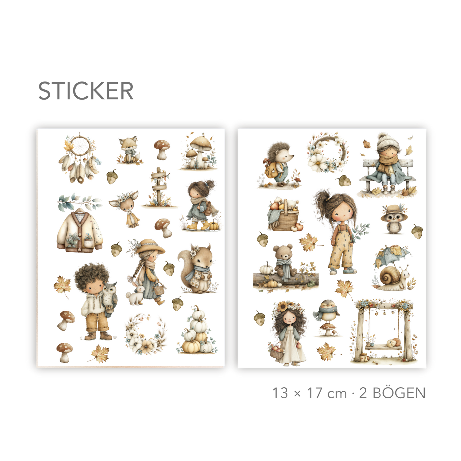 Herbst Sticker Set - Niedliche Waldtiere für Bullet Journal, Planer & Scrapbooking - 2 Bögen
