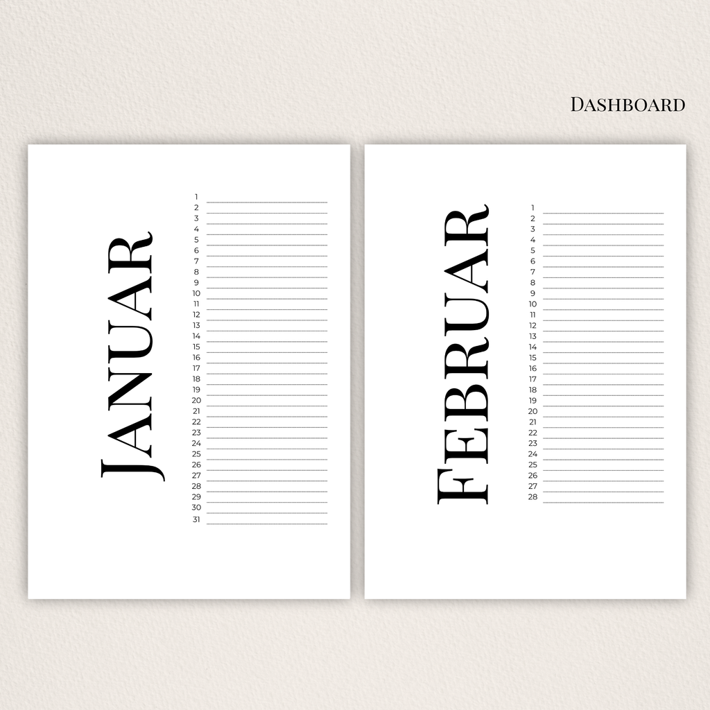 Handgemachte Dashboard-Set für Filofax & Discplaner – 12 Monate Übersicht im minimalistischen Design