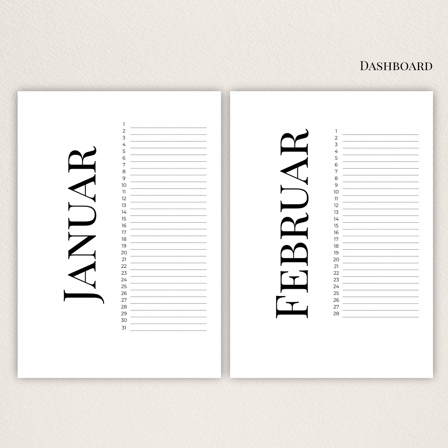 Handgemachte Dashboard-Set für Filofax & Discplaner – 12 Monate Übersicht im minimalistischen Design
