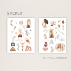 Zwei Boho-Stickerbögen in warmen Beige- und Brauntönen mit Portrait-Illustrationen, Mondphasen, floralen Elementen und abstrakten Formen; Set 13 × 17 cm, 2 Bögen