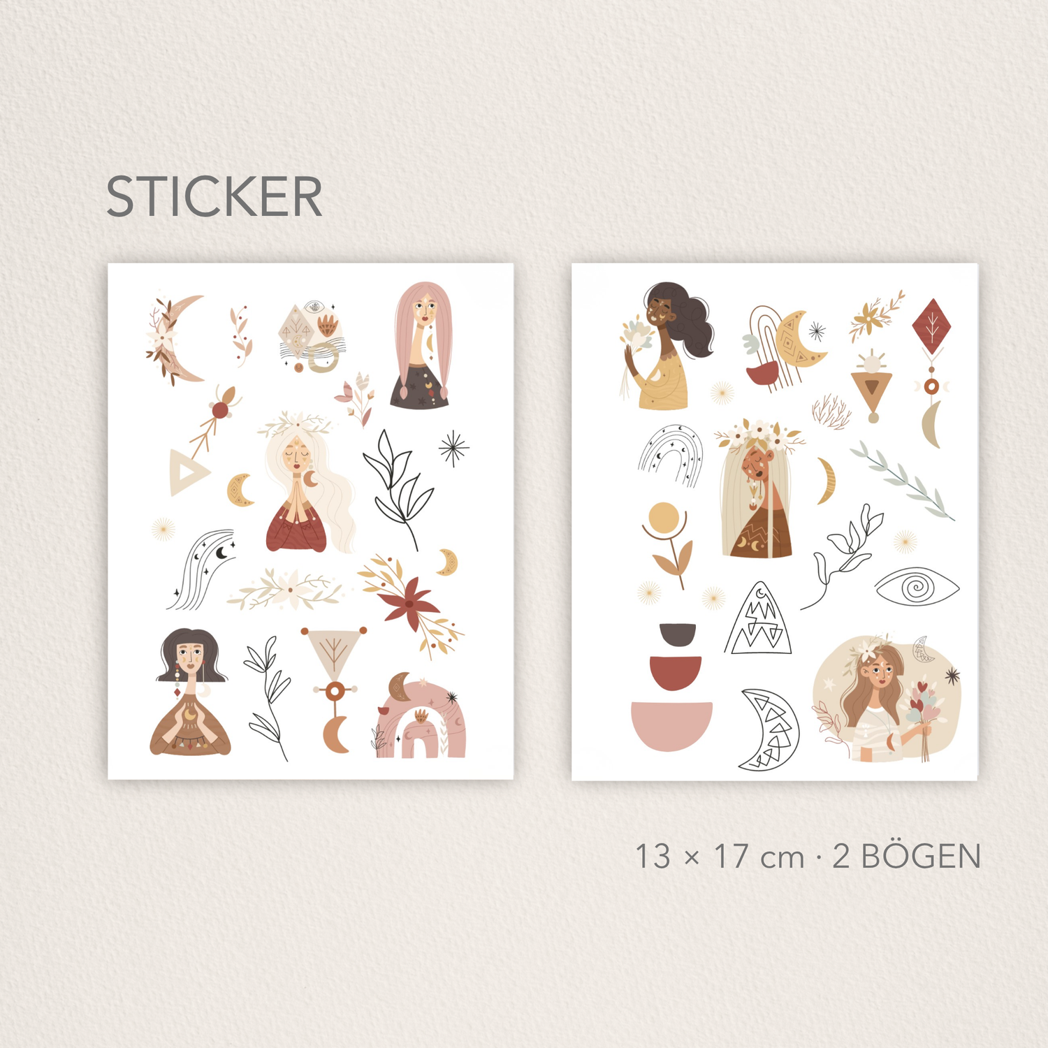 Zwei Boho-Stickerbögen in warmen Beige- und Brauntönen mit Portrait-Illustrationen, Mondphasen, floralen Elementen und abstrakten Formen; Set 13 × 17 cm, 2 Bögen