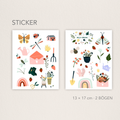 2 Stickerbögen (13×17 cm) mit niedlichen Frühlingsmotiven in Pastellfarben – Insekten (Schmetterlinge, Biene, Libelle, Marienkäfer), Blumen/Blätter, Erdbeeren/Kirschen, Gartenwerkzeuge, Gießkanne, Regenbögen, kleines Haus sowie Umschläge/Blumenstrauß; Schriftzug ‚Hello Spring‘