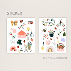 2 Stickerbögen (13×17 cm) mit niedlichen Frühlingsmotiven in Pastellfarben – Insekten (Schmetterlinge, Biene, Libelle, Marienkäfer), Blumen/Blätter, Erdbeeren/Kirschen, Gartenwerkzeuge, Gießkanne, Regenbögen, kleines Haus sowie Umschläge/Blumenstrauß; Schriftzug ‚Hello Spring‘