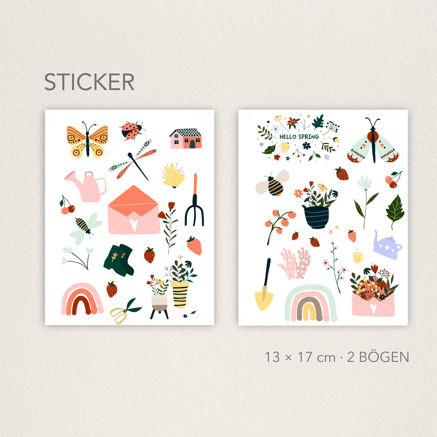 2 Stickerbögen (13×17 cm) mit niedlichen Frühlingsmotiven in Pastellfarben – Insekten (Schmetterlinge, Biene, Libelle, Marienkäfer), Blumen/Blätter, Erdbeeren/Kirschen, Gartenwerkzeuge, Gießkanne, Regenbögen, kleines Haus sowie Umschläge/Blumenstrauß; Schriftzug ‚Hello Spring‘