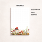Weißes Notizblatt im Hochformat mit feinem Punktgitter und einer zarten Aquarell-Bordüre aus roten Pilzen, Blumen und Gräsern am unteren Rand