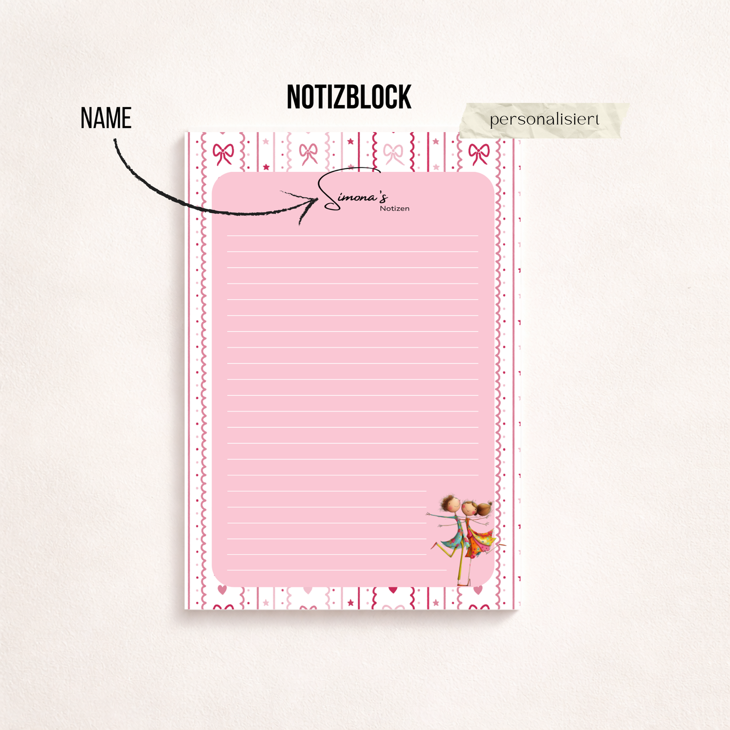 Notizblock A5 mit Herzen – Personalisierbar mit Namen