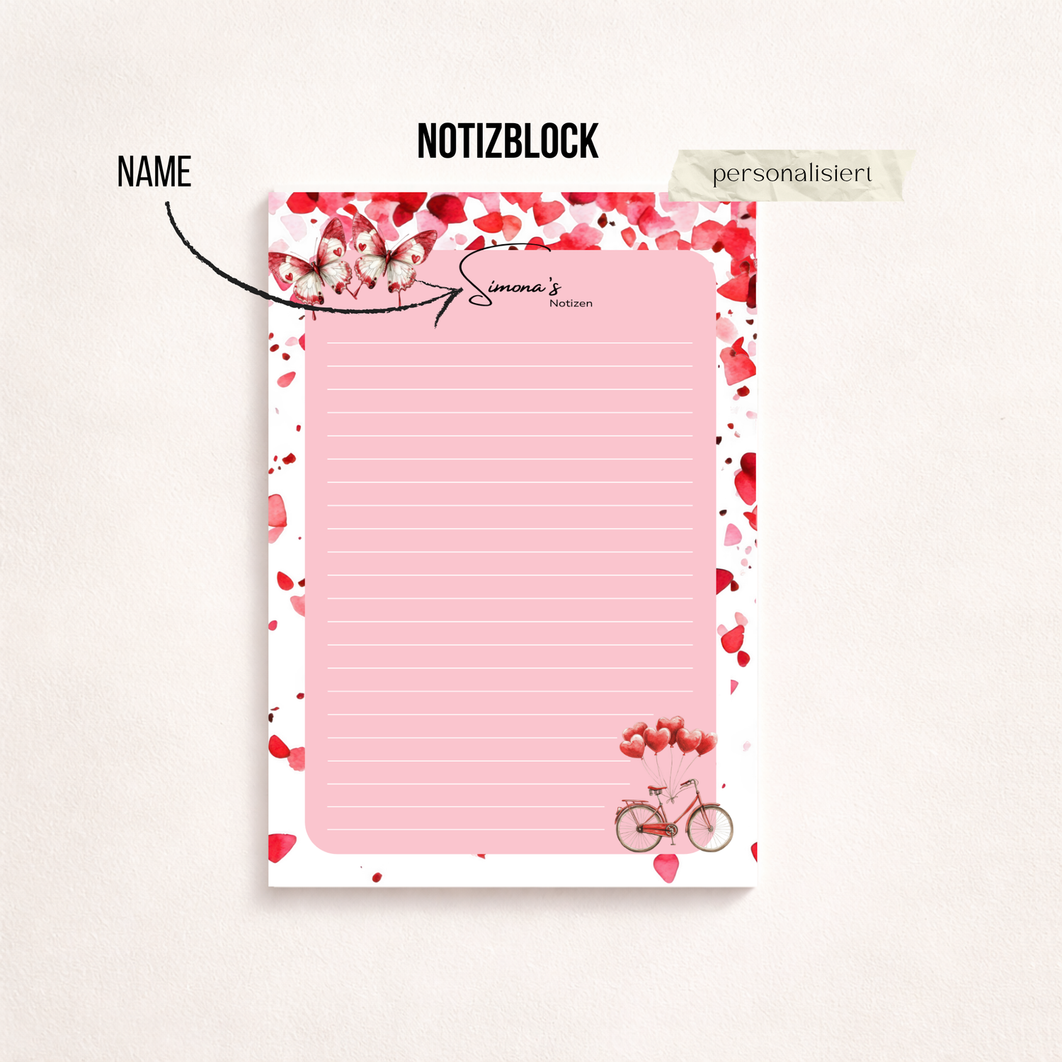 Notizblock A5 mit Herzen – Personalisierbar mit Namen | 50 Blätter liniert, blanko oder gepunktet | Valentinstag & Geburtstag