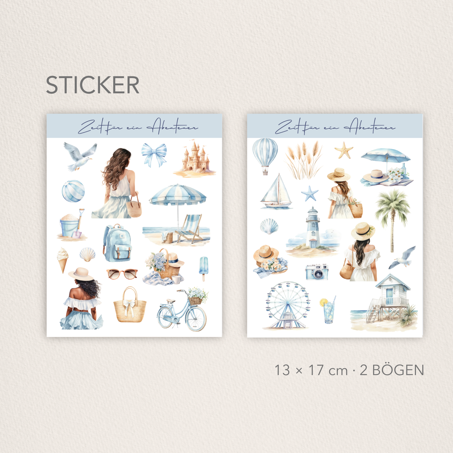 Zwei sommerliche Stickerbögen im Aquarellstil mit Strand‑ und Urlaubs­motiven (Frauenfiguren, Muscheln, Leuchtturm, Segelboot, Palmen, Strand­accessoires) und dem Schriftzug ‚Zeit für ein Abenteuer‘; 13 × 17 cm, 2 Bögen