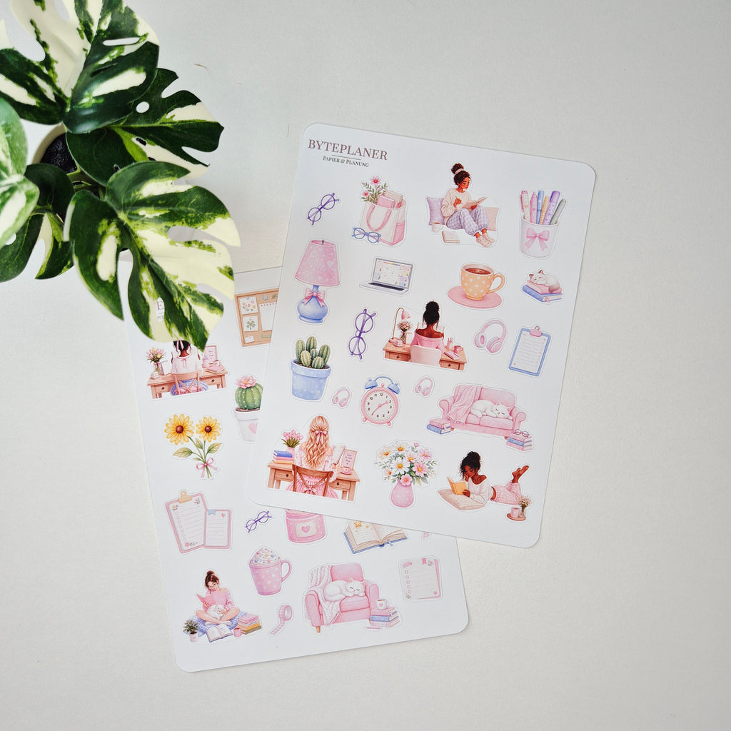 Sticker Buchliebhaber & Cozy Study, Aquarell-Sticker im Pastell-Stil