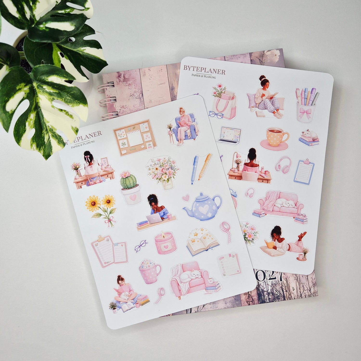 Sticker Buchliebhaber & Cozy Study, Aquarell-Sticker im Pastell-Stil