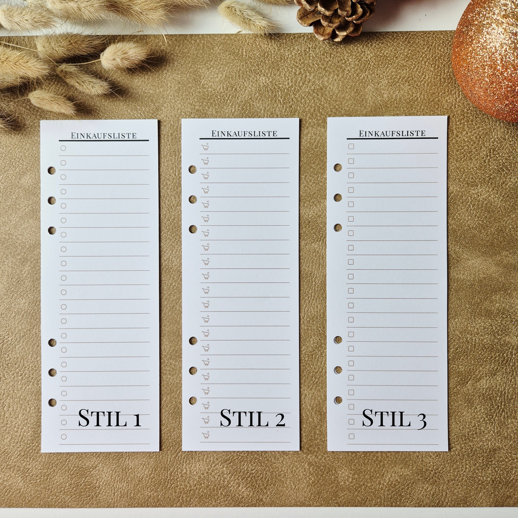 Einkaufsliste A5 Halb – schmale Planereinlagen, minimalistisches Listenlayout