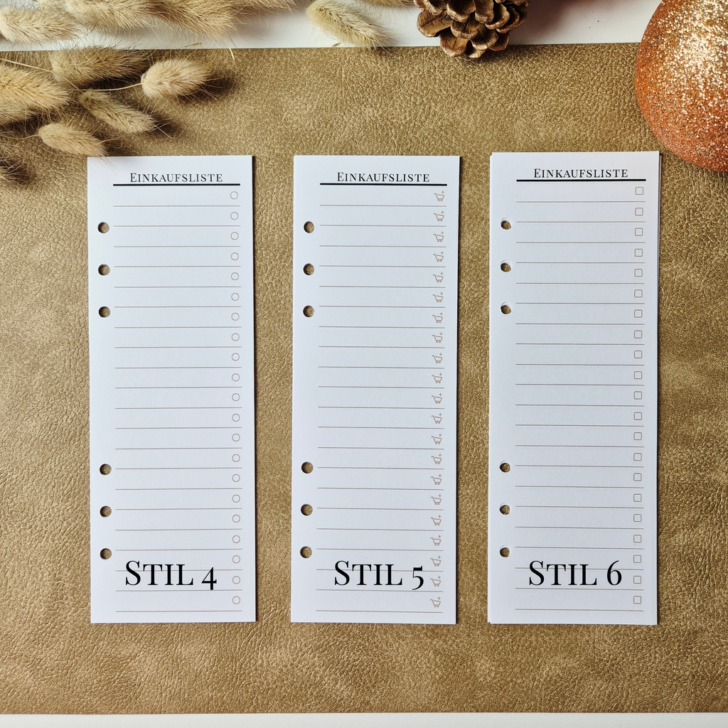 Einkaufsliste A5 Halb – schmale Planereinlagen, minimalistisches Listenlayout