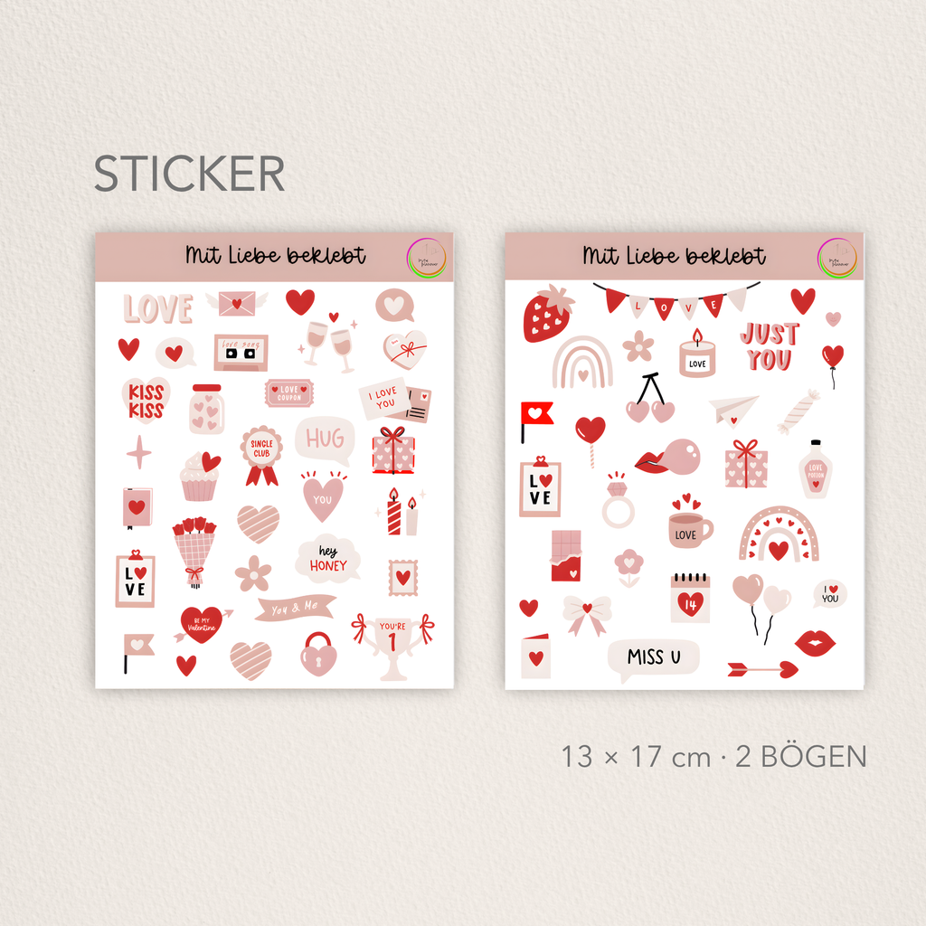Zwei Stickerbögen im Love-/Valentinstagsdesign in Rot, Rosa und Nude auf beigem Hintergrund; oben steht ‚Sticker‘, unten ‚13 × 17 cm · 2 Bögen‘