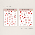 Zwei Stickerbögen im Love-/Valentinstagsdesign in Rot, Rosa und Nude auf beigem Hintergrund; oben steht ‚Sticker‘, unten ‚13 × 17 cm · 2 Bögen‘