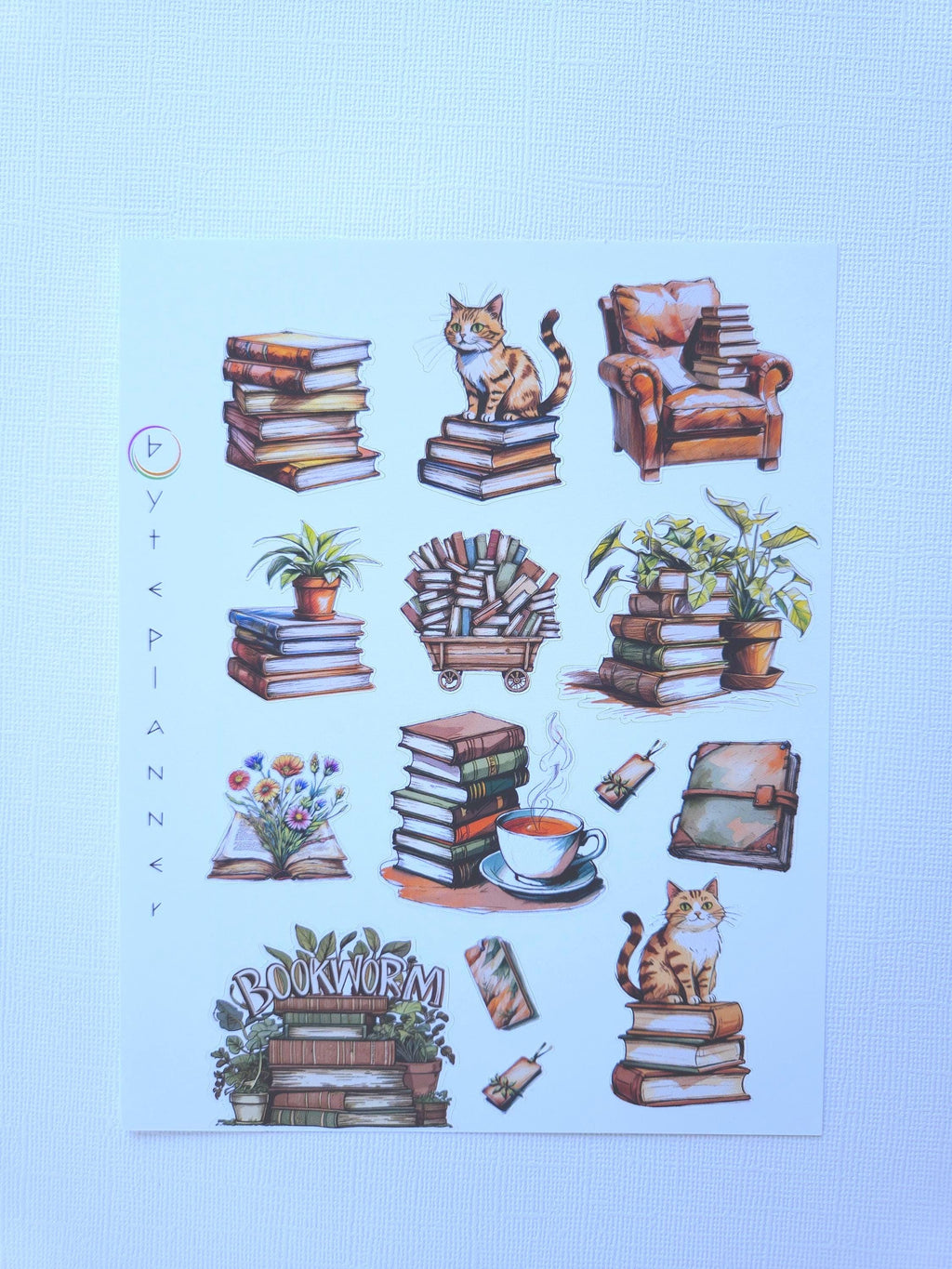 Book Lover Sticker Set: Cat with Books, Journaling Stickers