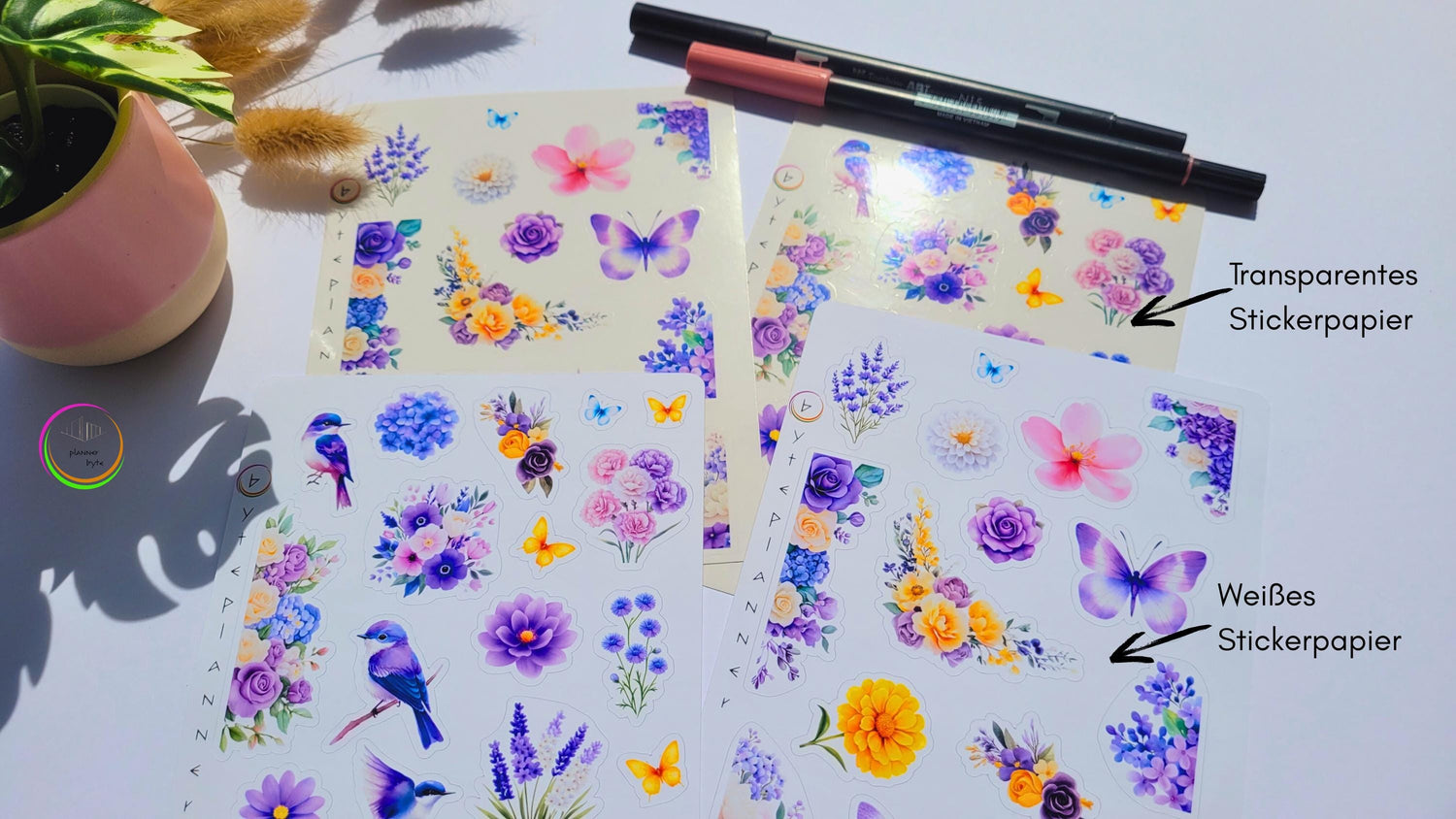 Florale Sticker mit Lila Birds