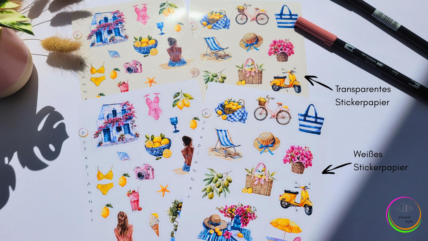 Mediterrane Sommer Stickerbögen – Aquarellmotive Strand, Zitrus, Vespa & mehr – Planer DIY Deko – Transparent | Weiß