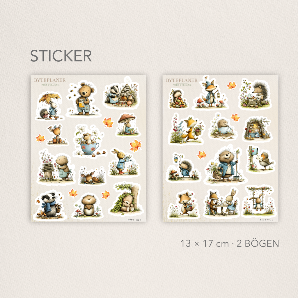 Waldtier Stickerbogen 2er-Set – Herbst Sticker für Planer & Bullet Journal