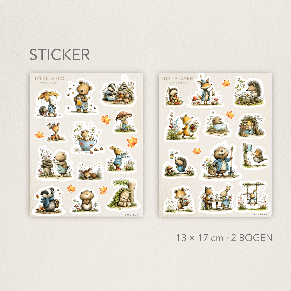Waldtier Stickerbogen 2er-Set – Herbst Sticker für Planer & Bullet Journal