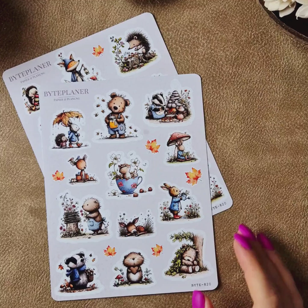Waldtier Stickerbogen 2er-Set – Herbst Sticker für Planer & Bullet Journal