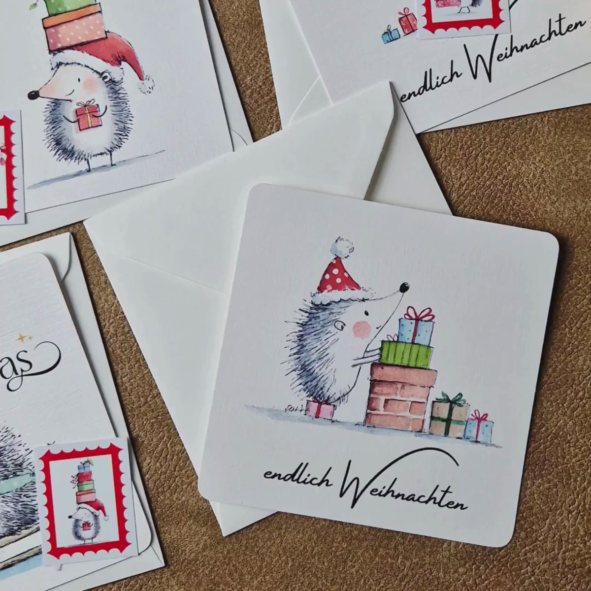 Weihnachtskarte Igel – quadratische Grußkarte mit Umschlag